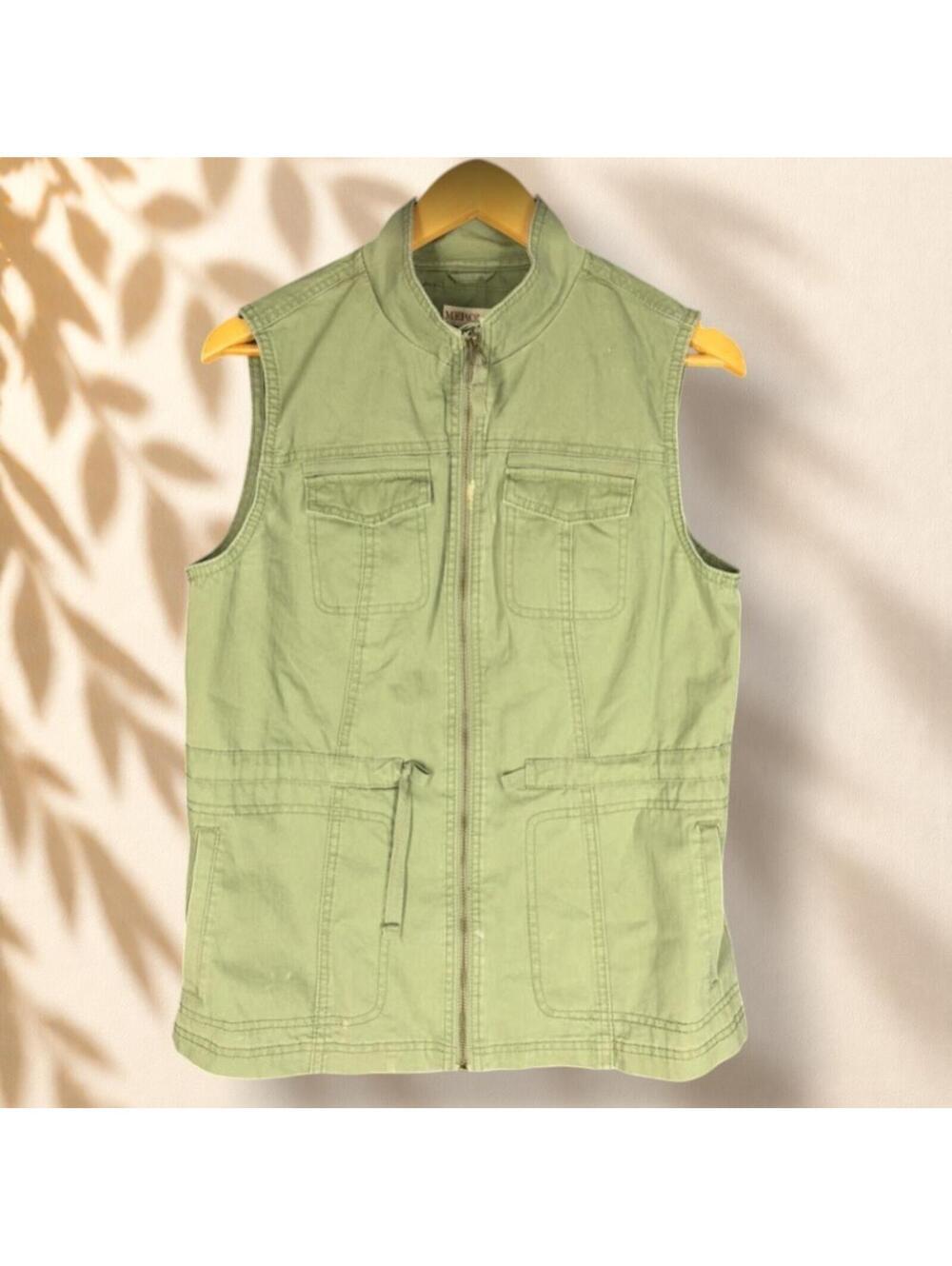 Merona Vest Women M Medium Green Full Zip Collared Sleeveless Pockets Cotton